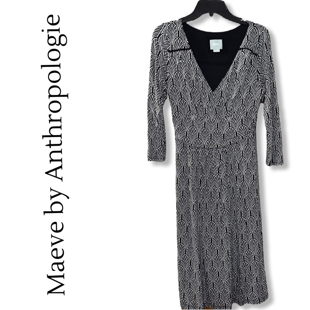 Maeve by Anthropologie 3/4 Sleeve Black & White Patterned Knee Length Dress